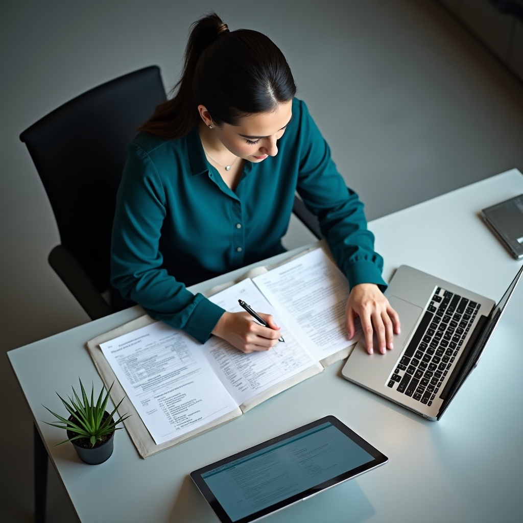 Женщина изучает финансовые документы за рабочим столом